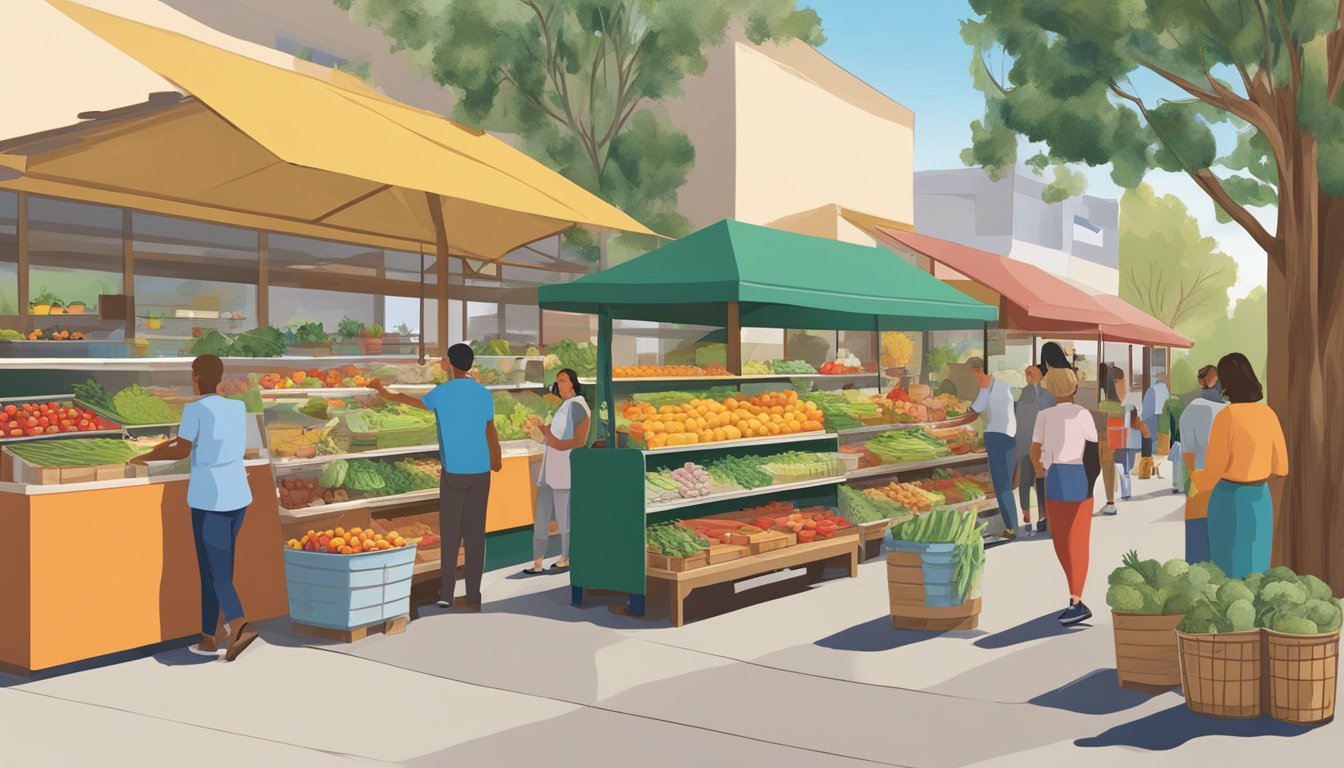 A bustling local food coop in Glendale, CA hosts educational programs and events, with colorful displays of fresh produce and shelves stocked with artisanal goods