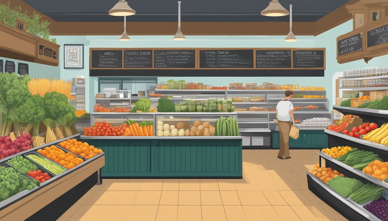 A bustling local food coop in Omaha, Nebraska, with colorful displays of seasonal produce, shelves stocked with artisanal goods, and a chalkboard sign advertising daily specials