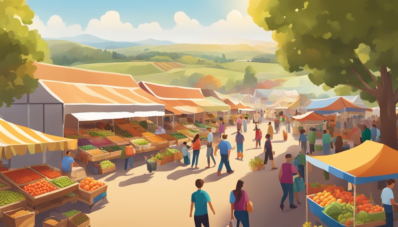 A bustling farmers' market with colorful stalls and fresh produce, surrounded by rolling hills and a warm, sunny sky