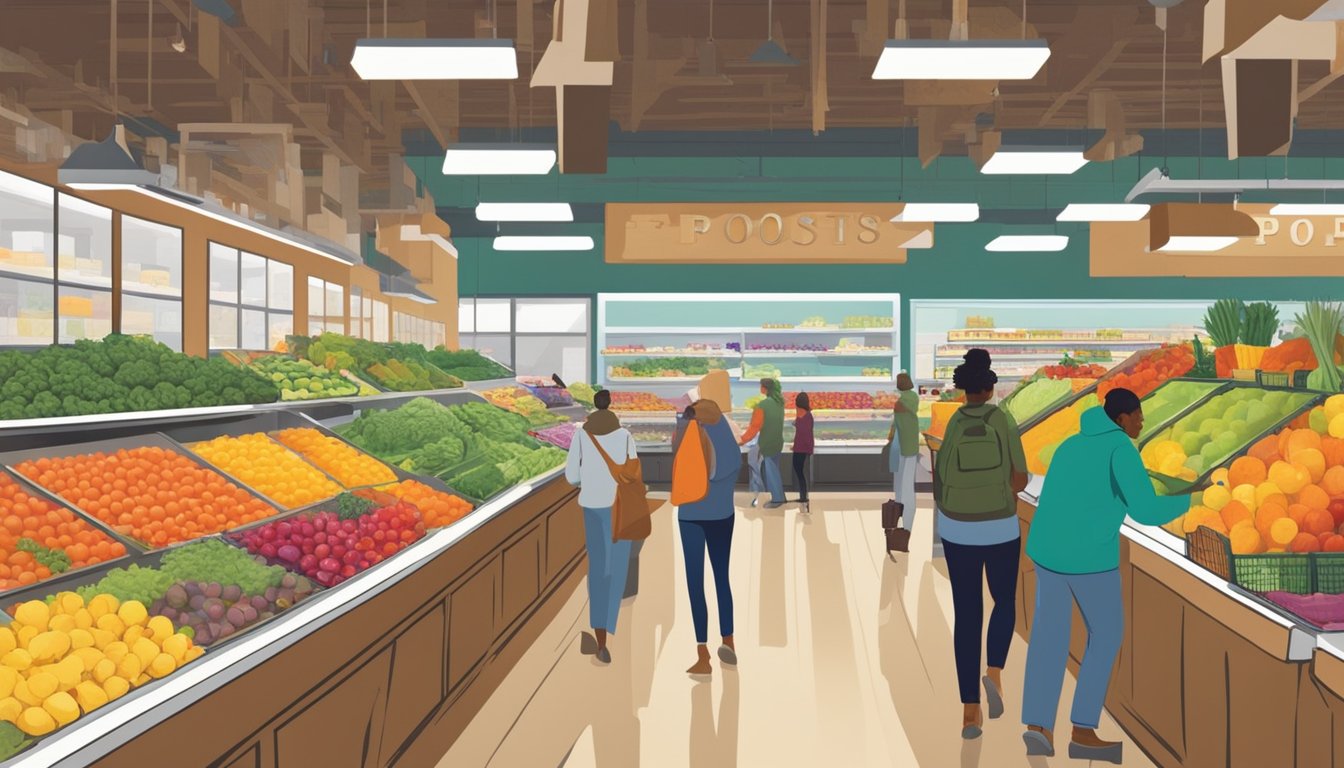 Customers browsing fresh produce at a bustling food co-op in Omaha, Nebraska. Shelves stocked with local goods and colorful displays create a vibrant atmosphere