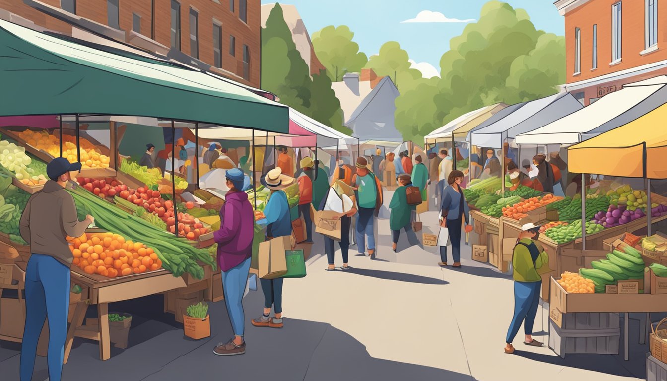 A bustling farmers' market with colorful stalls and a variety of fresh produce. Shoppers browse and chat with local vendors