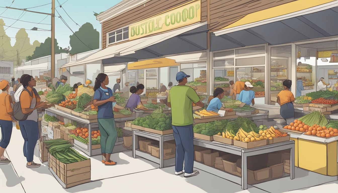 A bustling local food coop in Glendale, CA, with volunteers and customers interacting and exchanging produce and goods