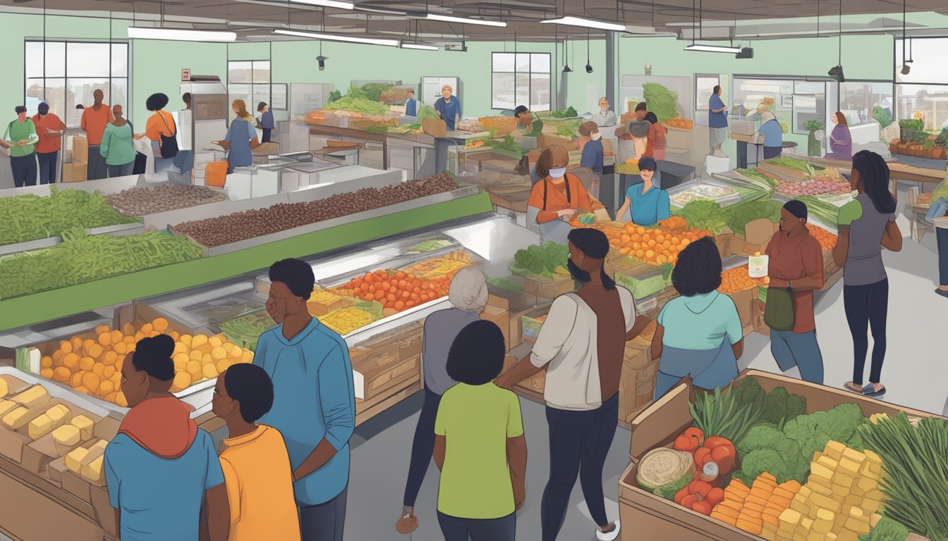 A bustling local food co-op in Omaha, NE, with diverse community members engaging in educational workshops and discussions