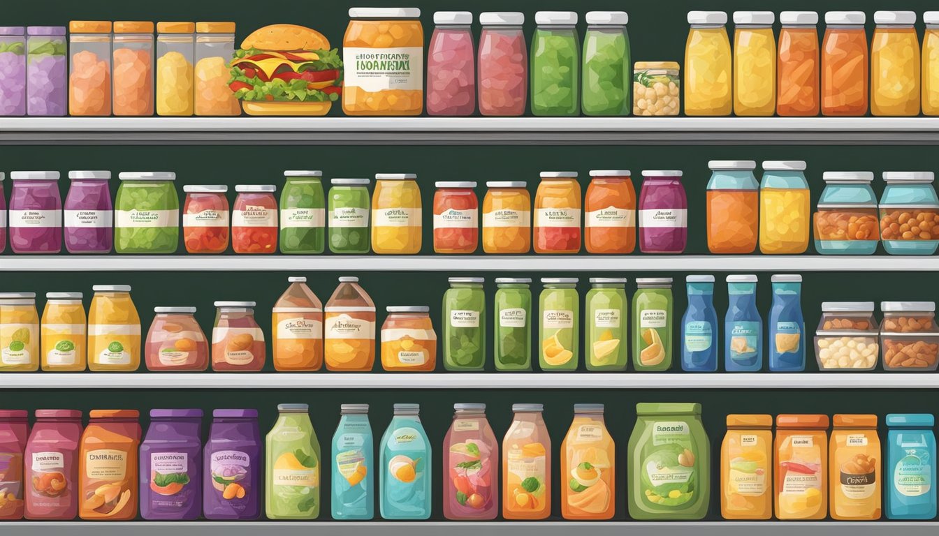 A colorful array of food products with various labels displayed on shelves in a local food coop in Glendale, CA