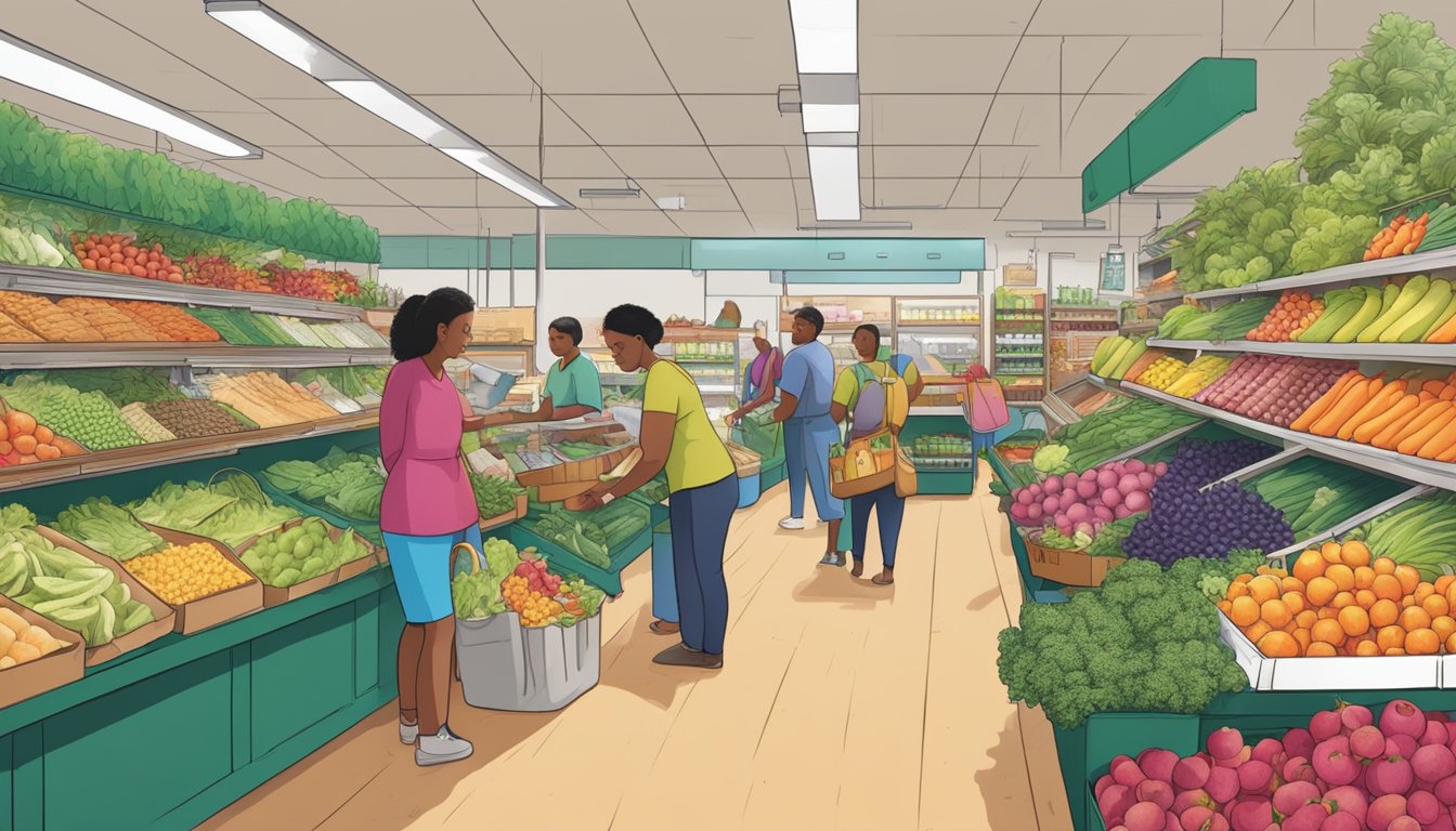 A bustling local food coop with diverse produce, friendly staff, and customers browsing the aisles