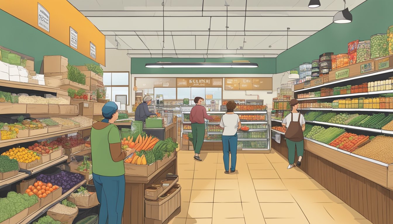 A bustling local food co-op in Raleigh, NC, with shelves stocked full of fresh produce, grains, and other pantry staples. Customers chat with friendly staff as they browse the colorful displays