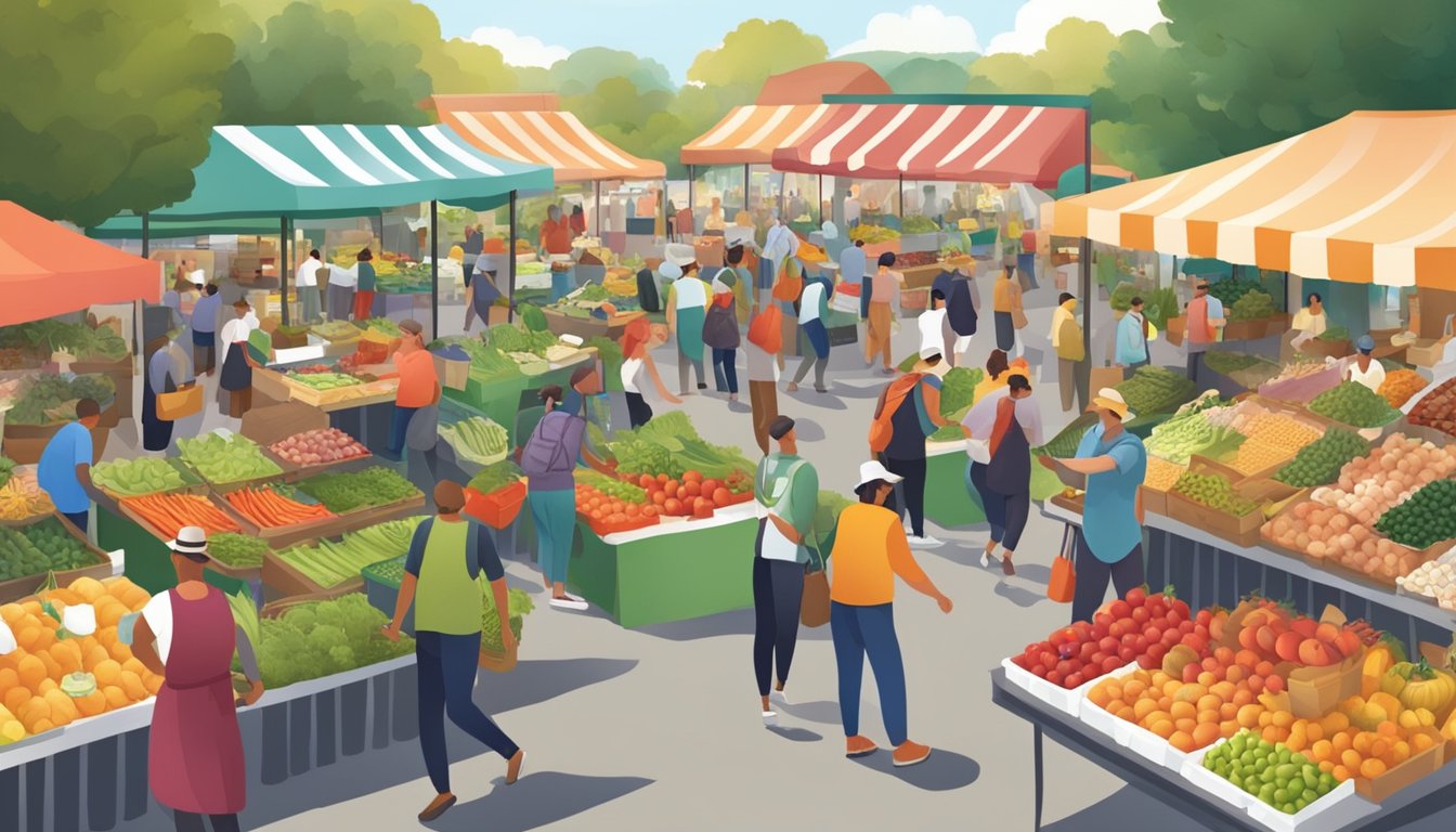 A bustling farmers' market with vendors selling fresh produce and locally made goods, surrounded by a diverse community of shoppers