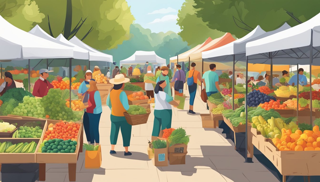 A bustling farmers market with colorful produce stands and a variety of locally-sourced goods. Busy shoppers browse the selection of fresh, organic foods