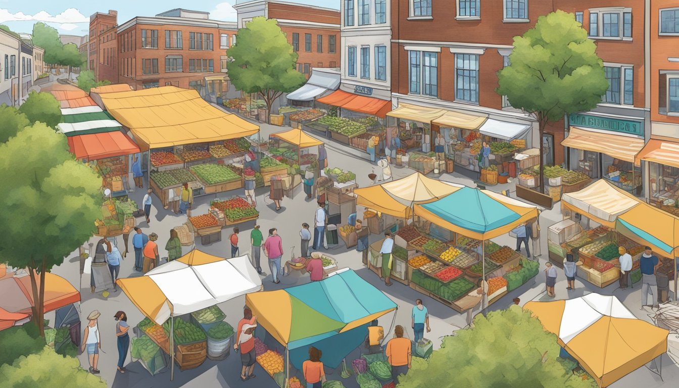 A bustling farmers' market with colorful stalls selling fresh produce and locally-sourced goods in Raleigh, NC