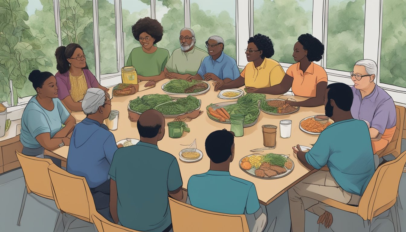 A group of diverse individuals gather around a table, discussing and making decisions about the governance of a local food cooperative in Raleigh, NC