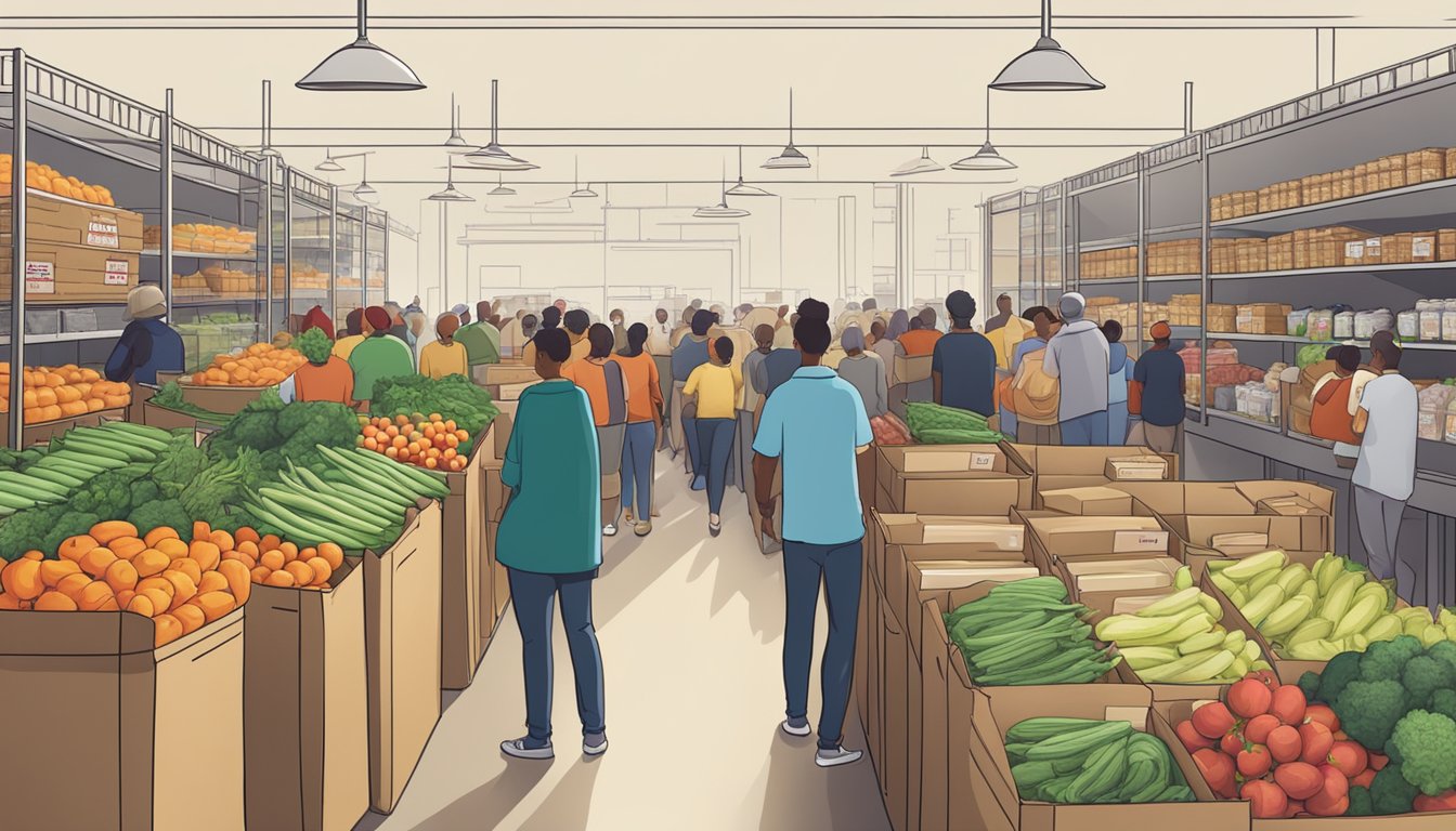 A bustling local food distribution center with crates of fresh produce, shelves of canned goods, and a line of customers waiting to pick up their orders