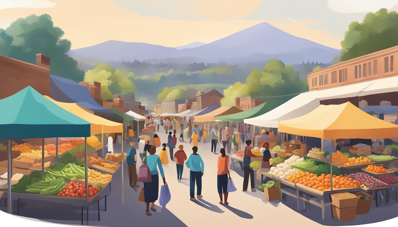 A bustling farmers' market with colorful stalls and a diverse array of fresh produce, baked goods, and artisanal products. Busy shoppers browse the offerings while local vendors chat and exchange goods