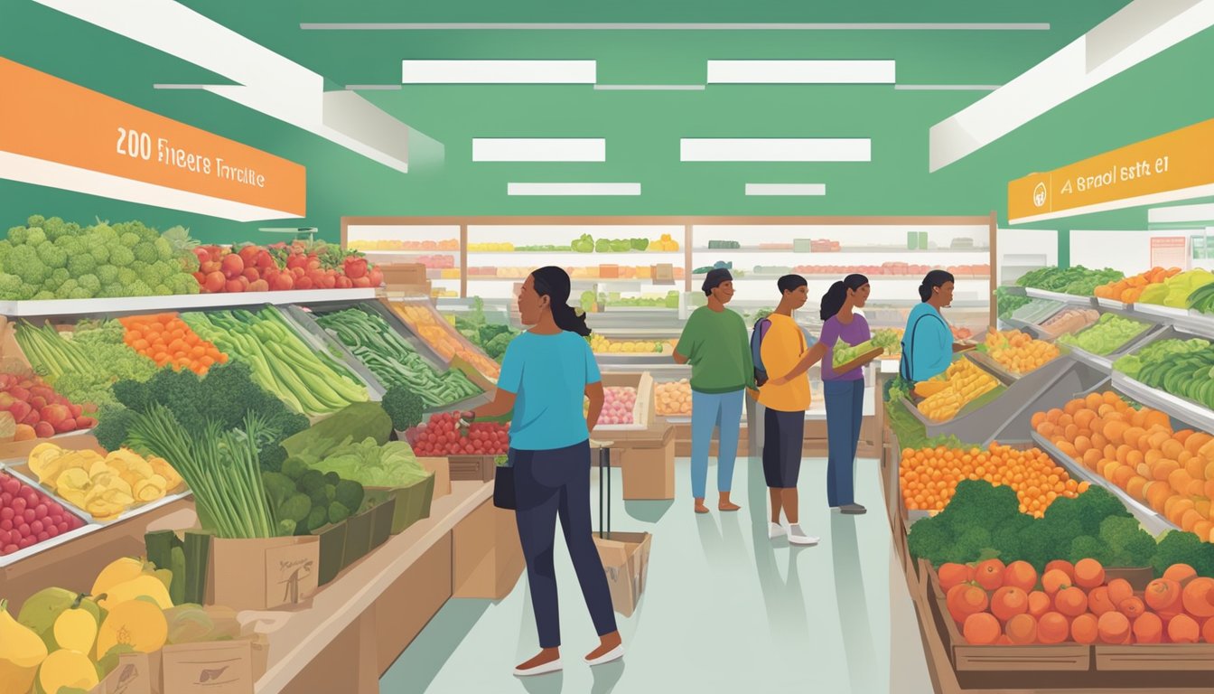 Customers browsing fresh produce at a bustling food co-op, with colorful displays of local fruits and vegetables, and friendly staff assisting shoppers