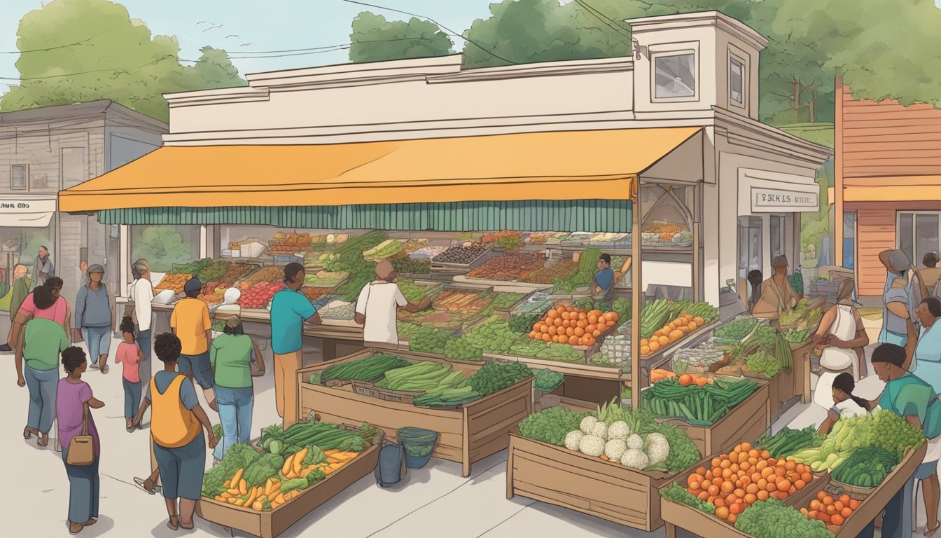 A bustling local food coop with fresh produce, friendly vendors, and community members browsing the selection