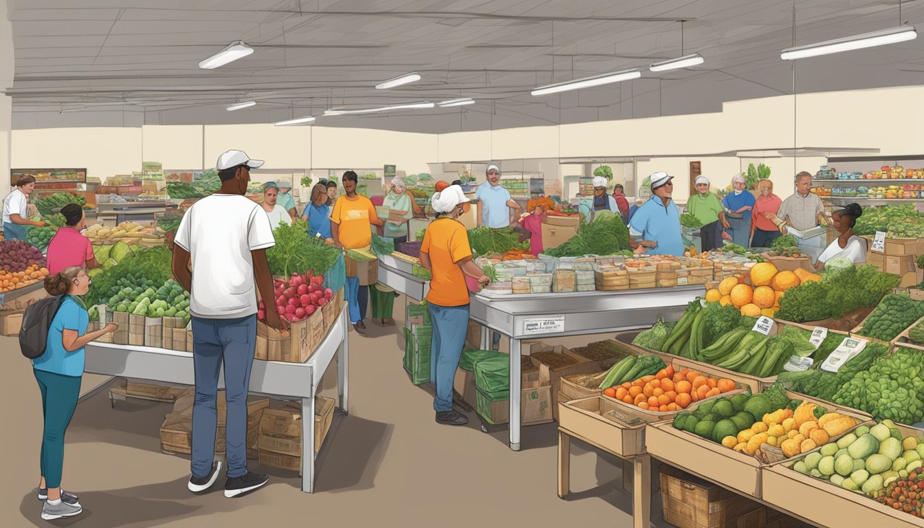 A bustling local food co-op in Cape Coral, FL, with members browsing fresh produce and participating in community events