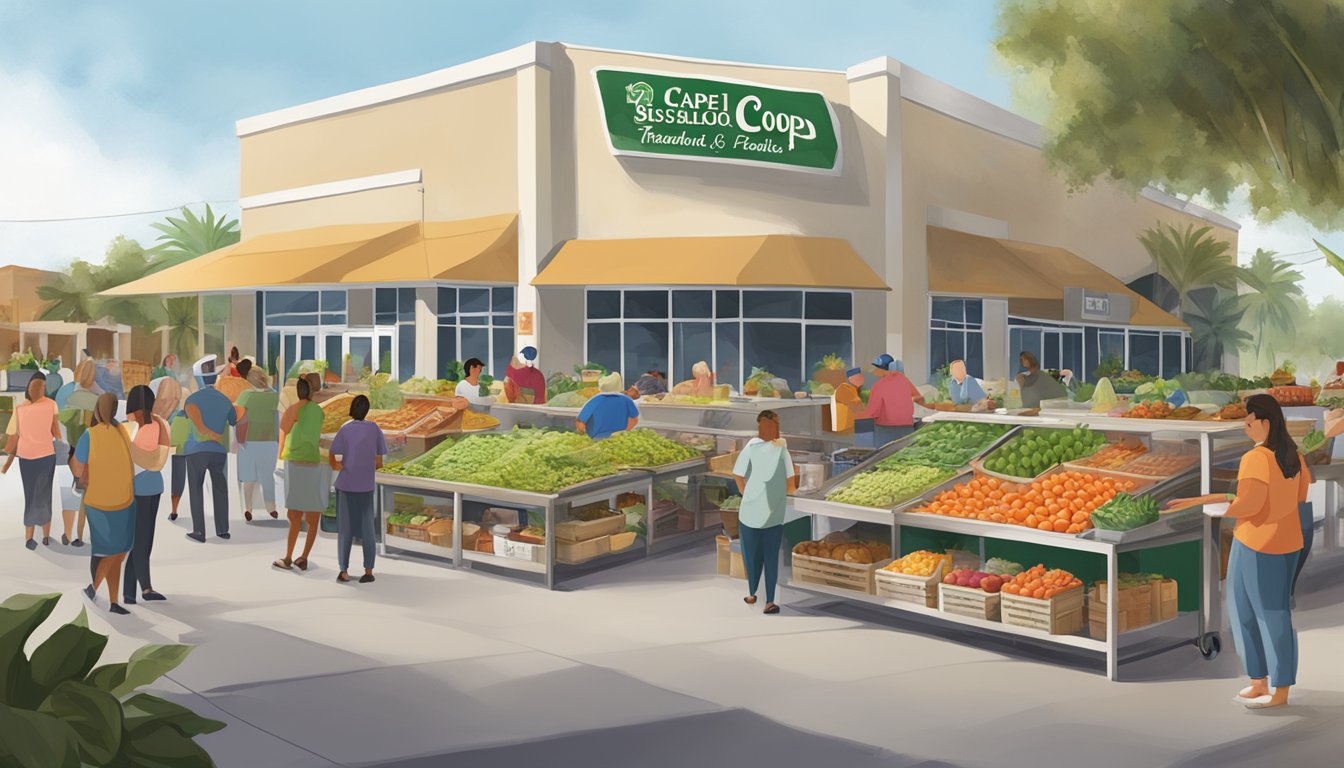 A bustling local food coop in Cape Coral, FL, with diverse produce, friendly staff, and engaged community members