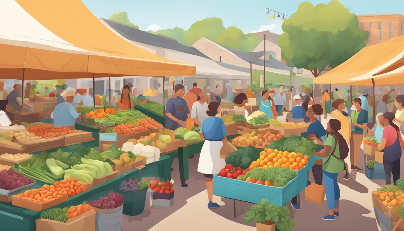 A bustling farmers market with colorful stalls and diverse produce, surrounded by a community garden and a group of locals exchanging recipes and tips