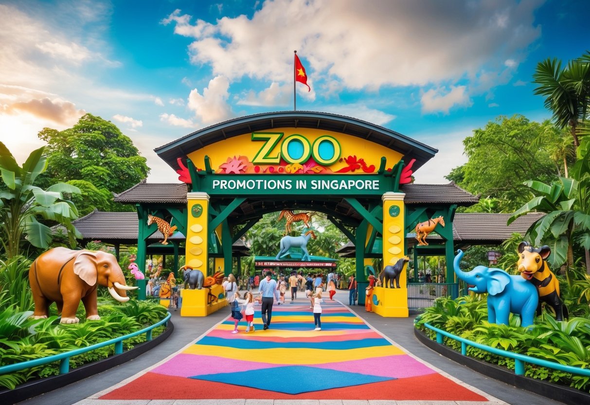 A colorful and lively zoo entrance with exotic animals, lush greenery, and happy families enjoying the promotions in Singapore
