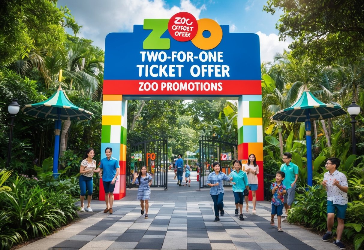 A colorful zoo entrance with a large sign advertising "Two-for-One Ticket Offer Zoo Promotions Singapore" surrounded by lush greenery and excited families