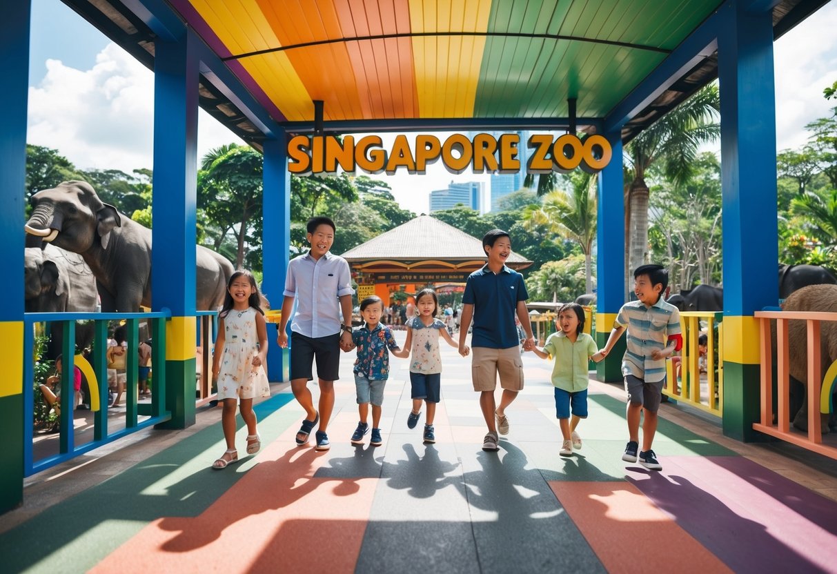Families stroll through the colorful entrance of the Singapore Zoo on a sunny Sunday, children's laughter filling the air as they eagerly explore the animal exhibits