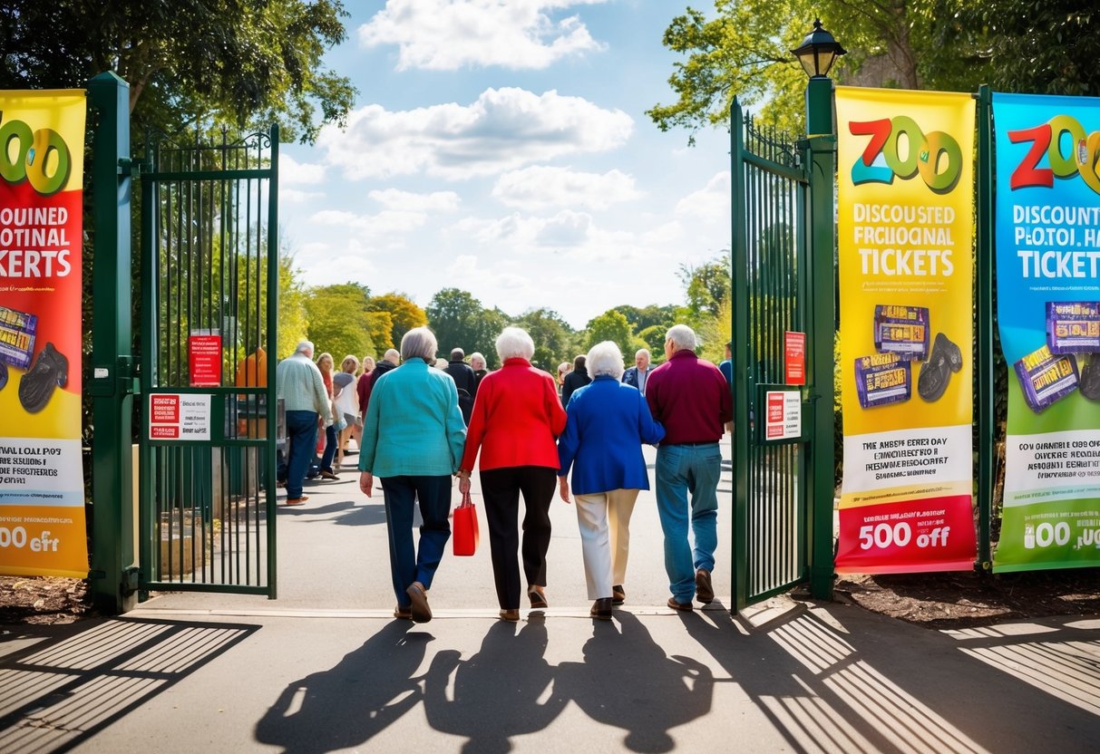 Elderly visitors enter zoo gates with discounted tickets on a sunny day, surrounded by colorful promotional banners