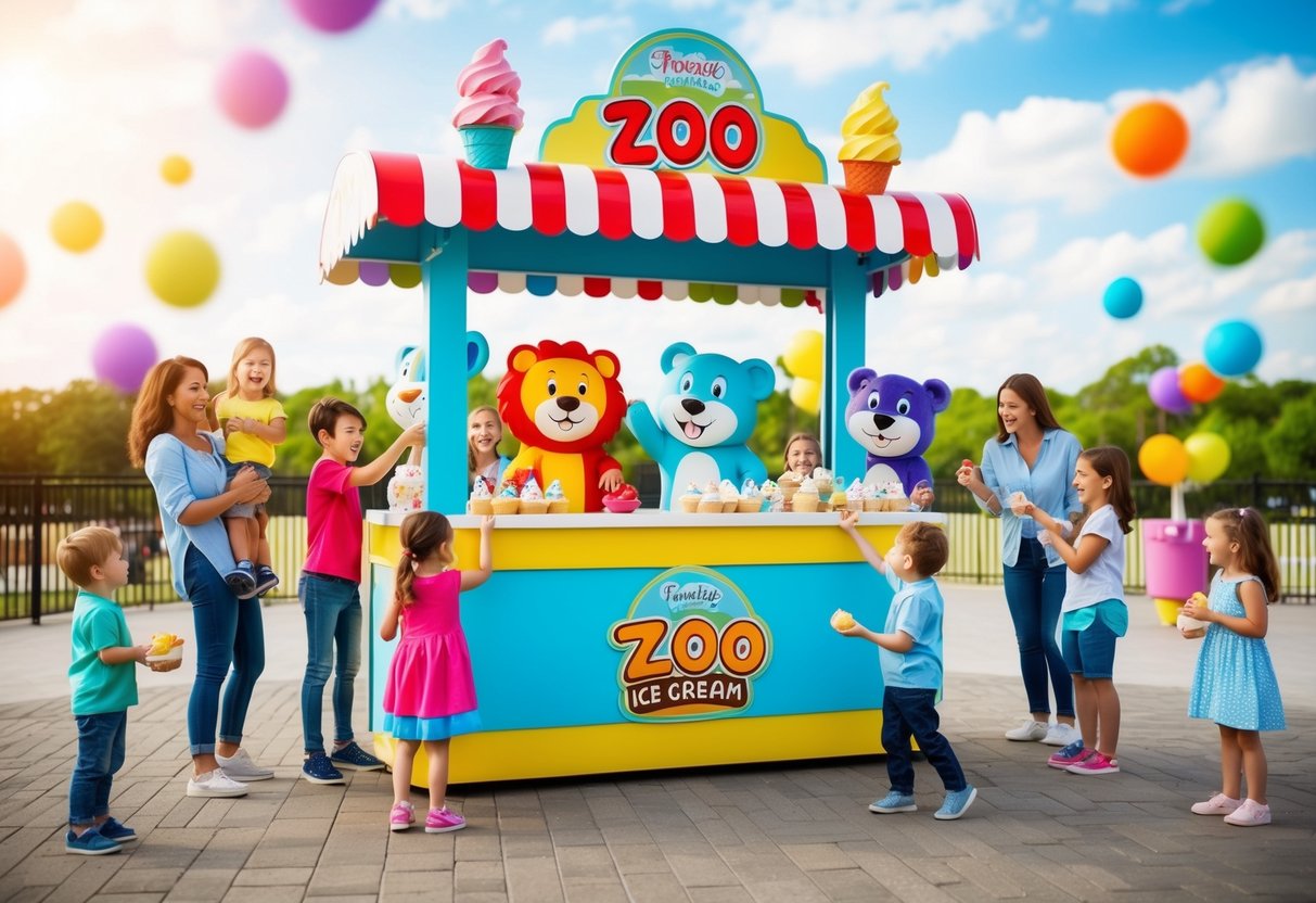 A colorful zoo-themed ice cream stand with playful animal characters surrounded by happy families and children enjoying their free treats