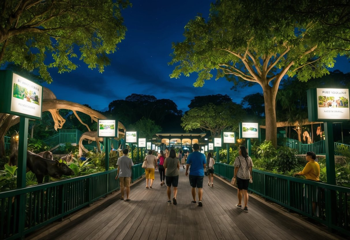 Visitors explore dimly lit zoo exhibits during a members-only night tour in Singapore, with promotional signage visible throughout the park