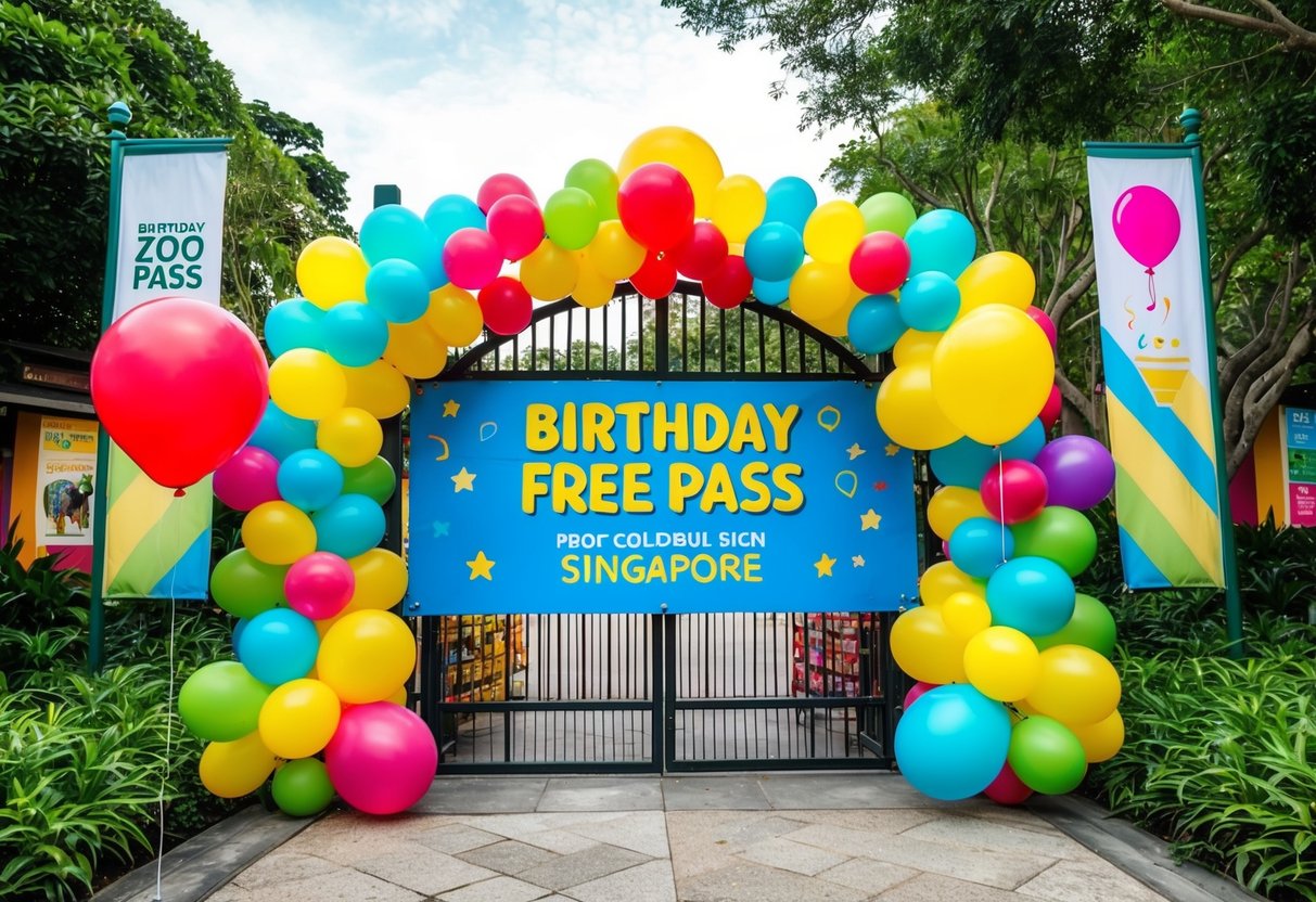 A colorful zoo entrance with balloons, banners, and a "Birthday Free Pass" promotion sign in Singapore