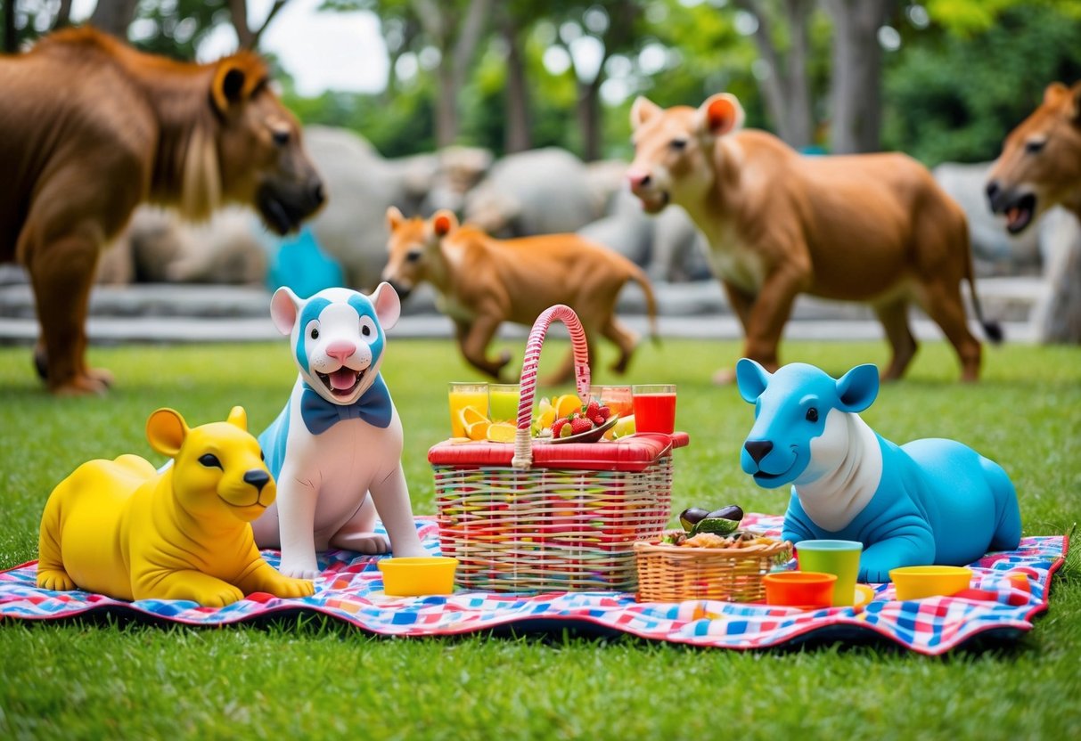 A colorful picnic spread surrounded by playful zoo animals in Singapore