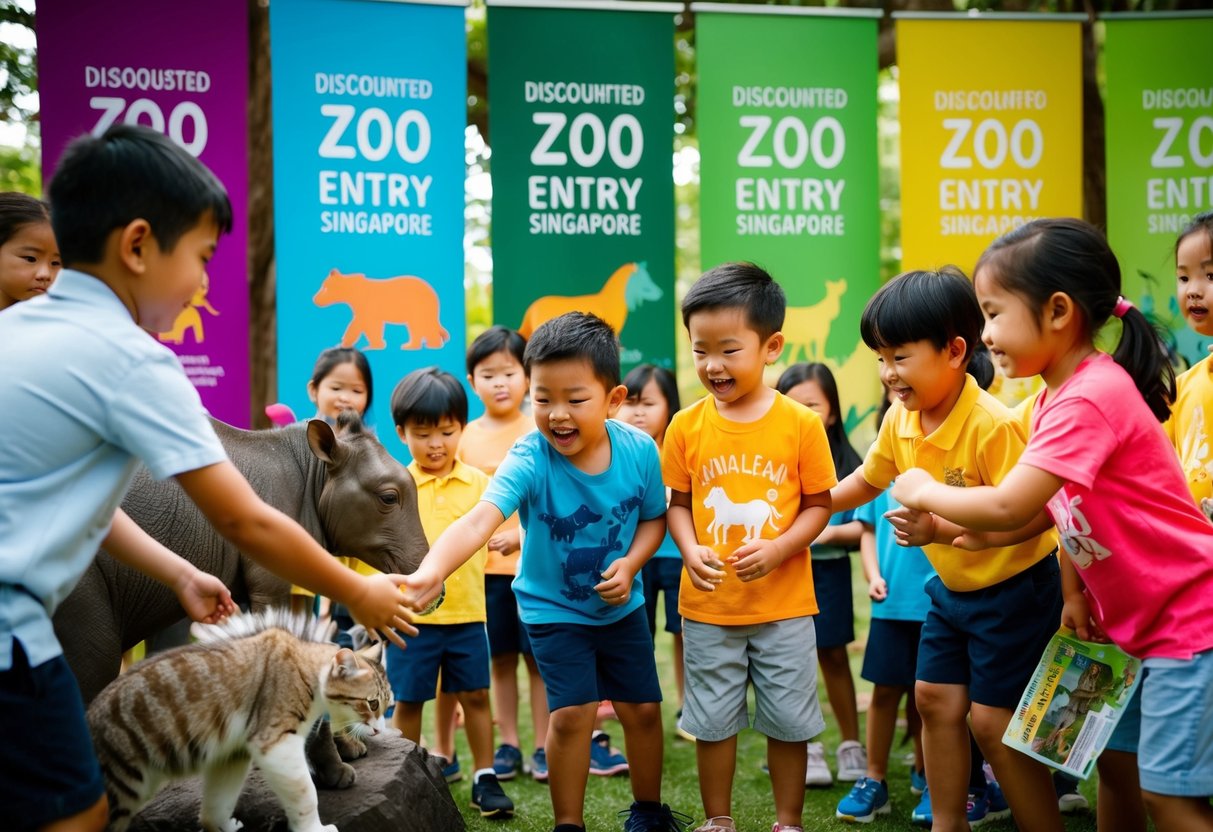 A group of children eagerly interact with zoo animals during an educational workshop, surrounded by colorful promotional banners for discounted zoo entry in Singapore