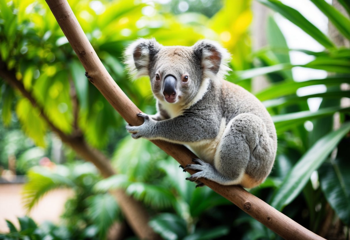 A koala perched on a branch in a lush, tropical setting at a zoo in Singapore