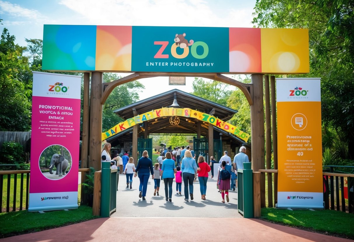 A colorful zoo entrance with a promotional banner and visitors entering
