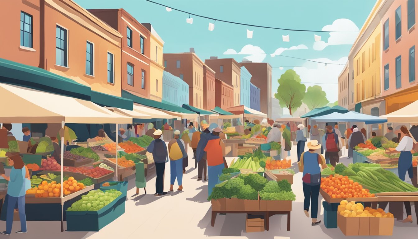 A bustling farmers' market with colorful stalls and diverse produce, surrounded by community members chatting and browsing