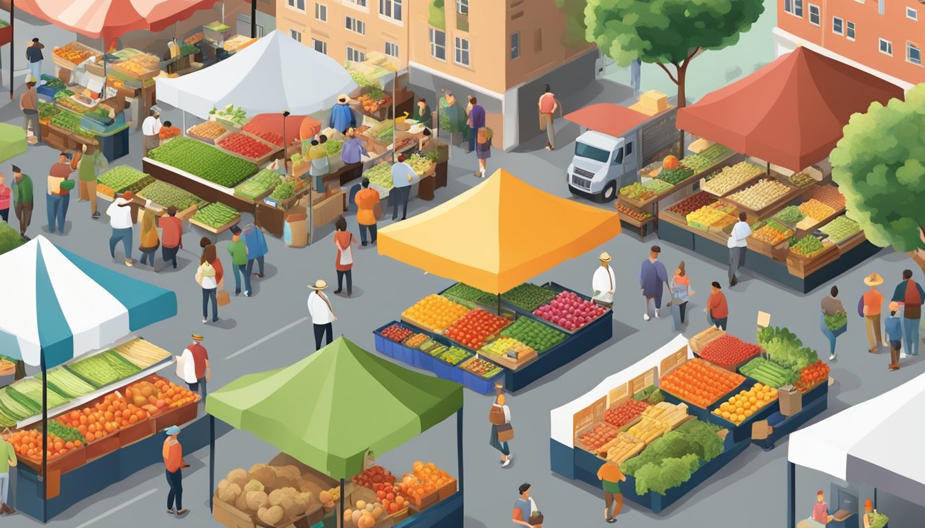 A bustling farmer's market with diverse produce and vendors, surrounded by a vibrant community of shoppers and local food enthusiasts