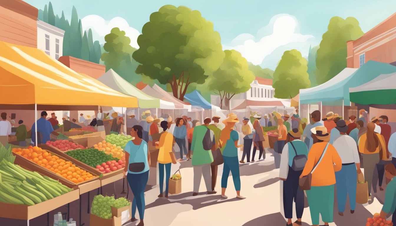 A bustling farmers market with colorful stalls selling fresh produce, baked goods, and homemade goods, surrounded by a diverse crowd of shoppers