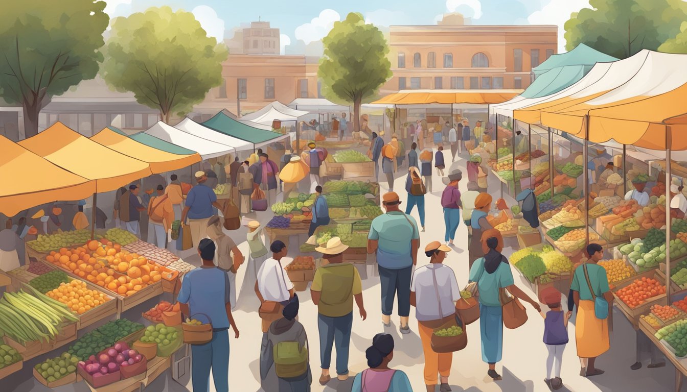 A bustling farmers market with colorful produce stalls and a diverse crowd browsing and purchasing locally sourced goods