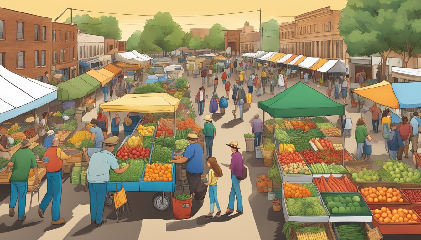 A bustling farmers' market with colorful produce, local vendors, and community members enjoying the benefits of eating locally grown food in Amarillo, TX