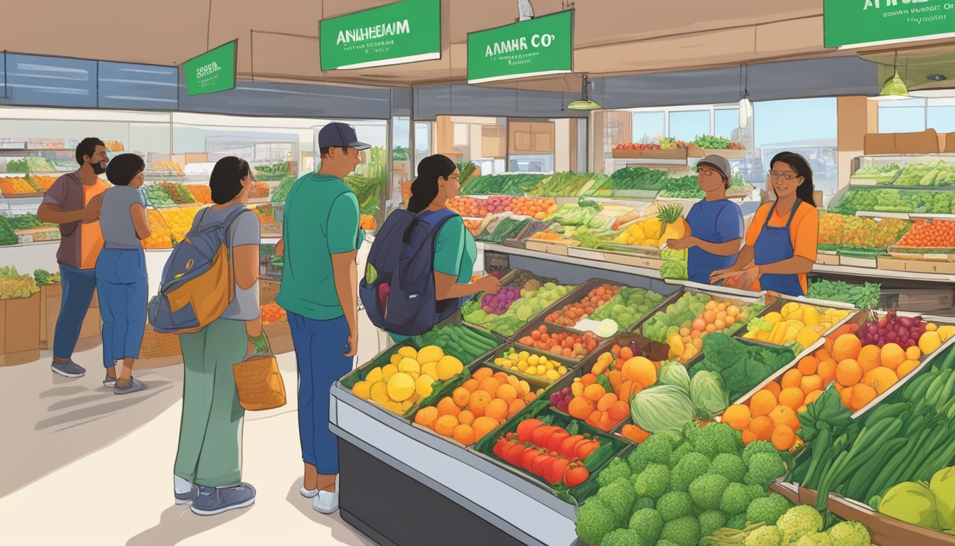 People browsing fresh produce and local products at the Anaheim, CA Food Co-Op. Brightly colored fruits and vegetables on display, with a friendly atmosphere