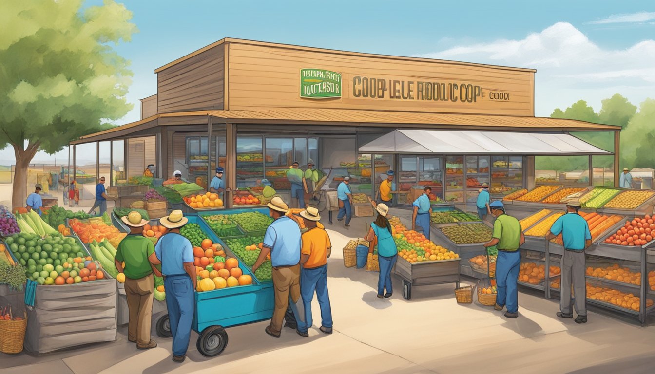 A bustling local food coop in Amarillo, TX, with farmers unloading fresh produce, workers sorting and packaging goods, and customers browsing the colorful displays