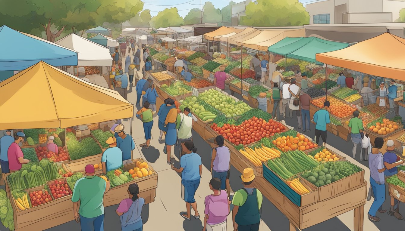 A bustling farmers market with colorful displays of fresh fruits and vegetables, surrounded by vendors and customers in Anaheim, CA