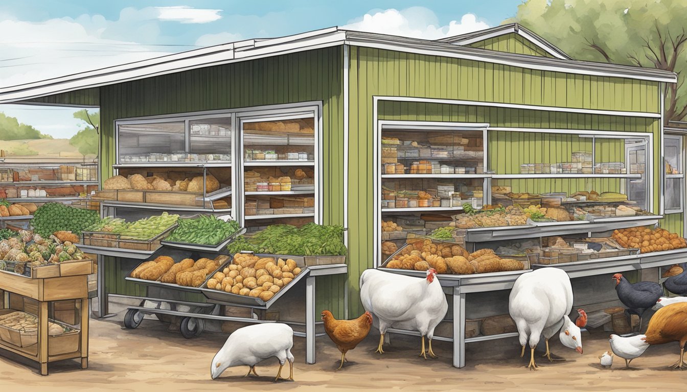 A bustling local food coop in Amarillo, Texas, with a variety of livestock and poultry on display for sale