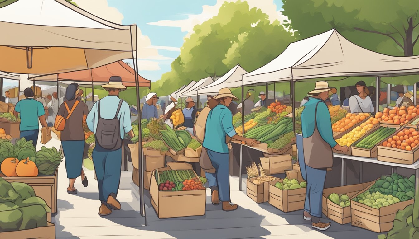 A bustling farmers' market with colorful produce, reusable bags, and eco-friendly signage promoting ethical practices