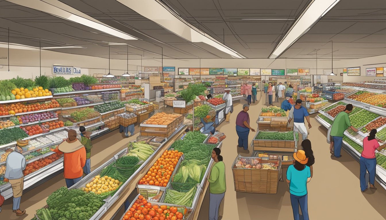 A bustling local food coop in Amarillo, TX, with diverse groups of people shopping and interacting. Baskets of fresh produce and shelves of goods line the aisles