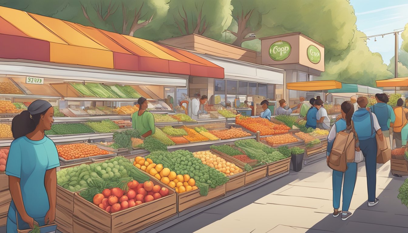 A bustling food co-op market with colorful produce, artisanal goods, and local vendors in Anaheim, CA