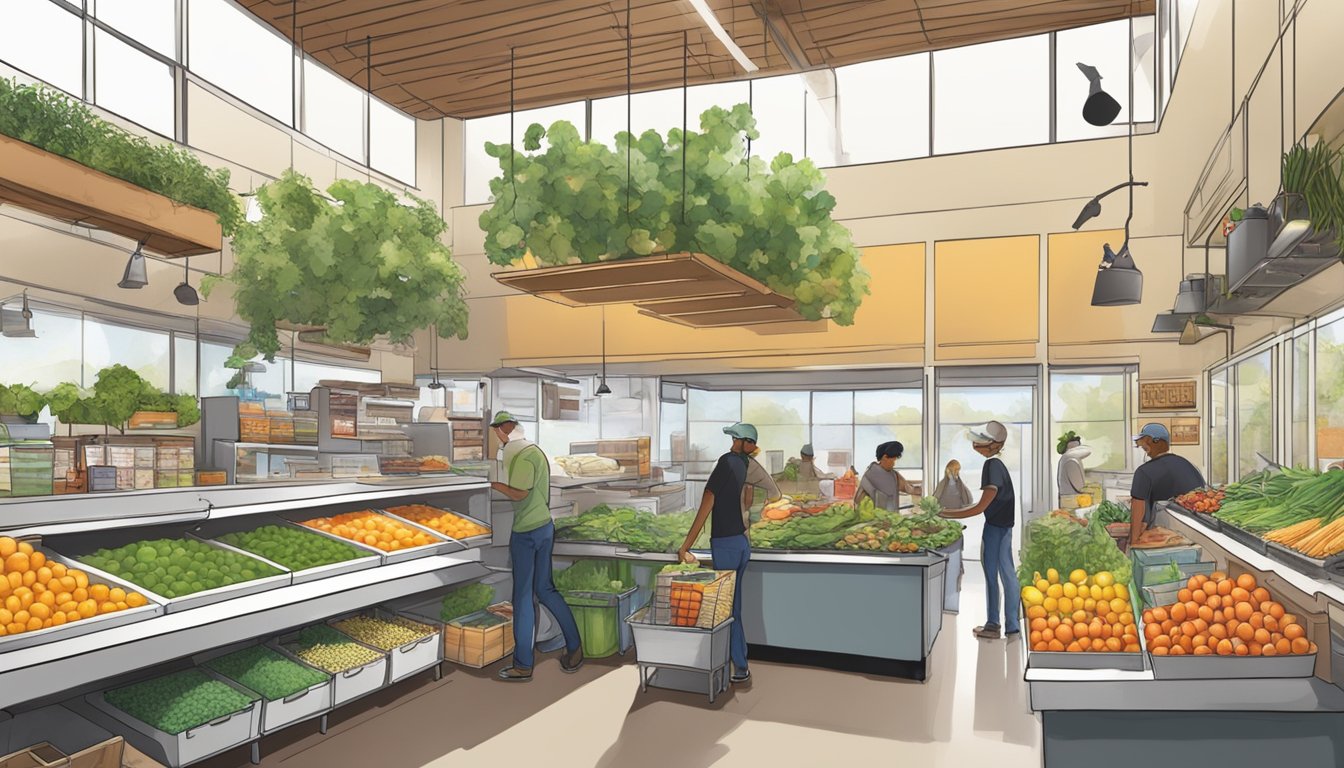 A bustling local food coop in Anaheim, CA, with fresh produce, bulk bins, and a cozy seating area for customers