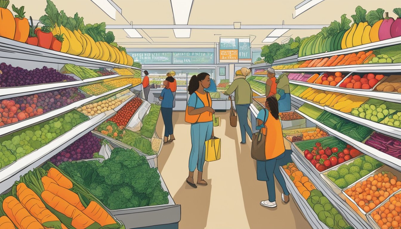 Customers browsing fresh produce at Minneapolis food co-op. Brightly colored fruits and vegetables fill the shelves, creating a vibrant and inviting atmosphere. The hustle and bustle of shoppers adds to the lively scene