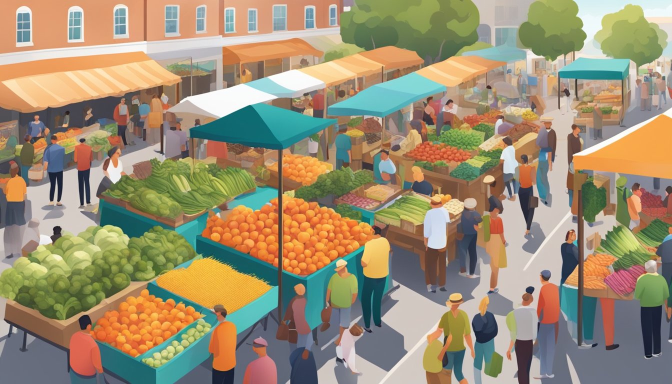 A bustling farmers market with colorful produce stalls and a diverse crowd browsing and chatting with local vendors