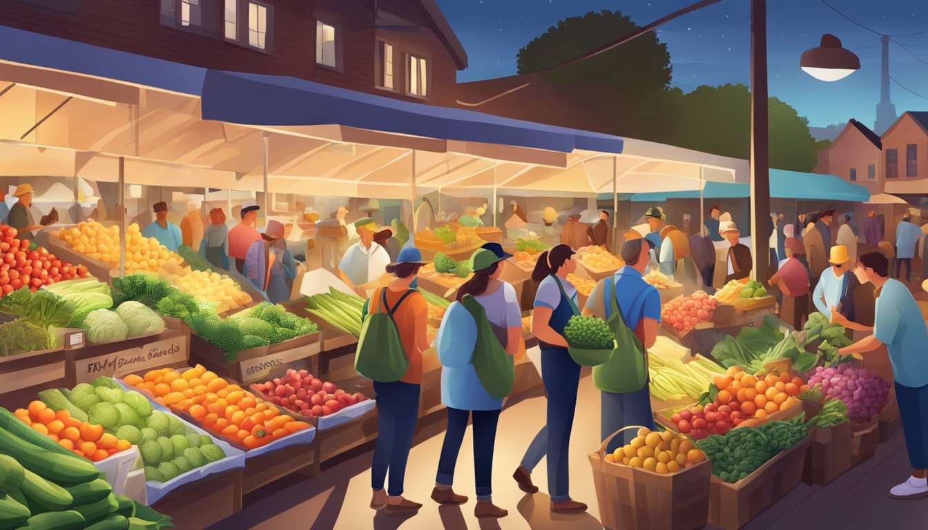 A bustling farmers market with colorful produce, local farmers, and food producers showcasing their goods under the glow of a spotlight