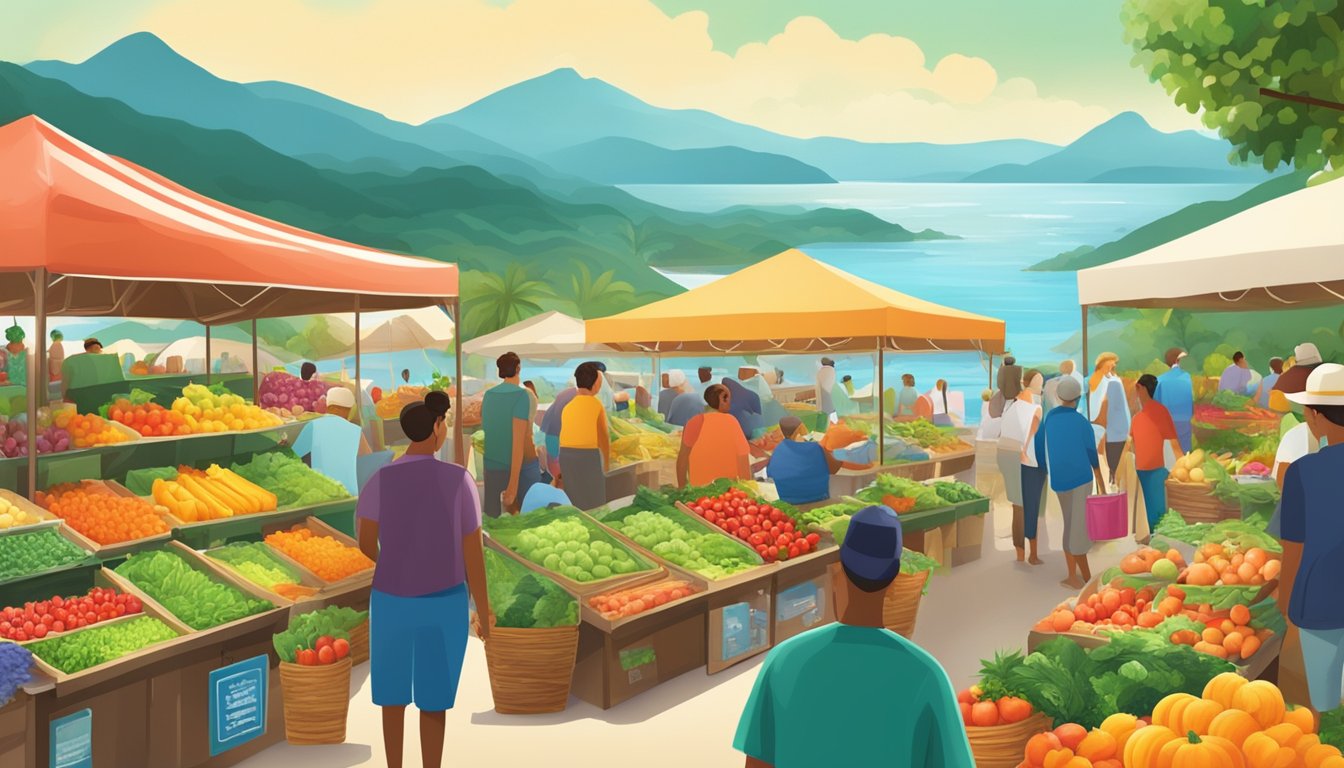 A bustling farmer's market with colorful stalls and a diverse array of fresh produce, surrounded by a backdrop of lush green mountains and the sparkling blue ocean