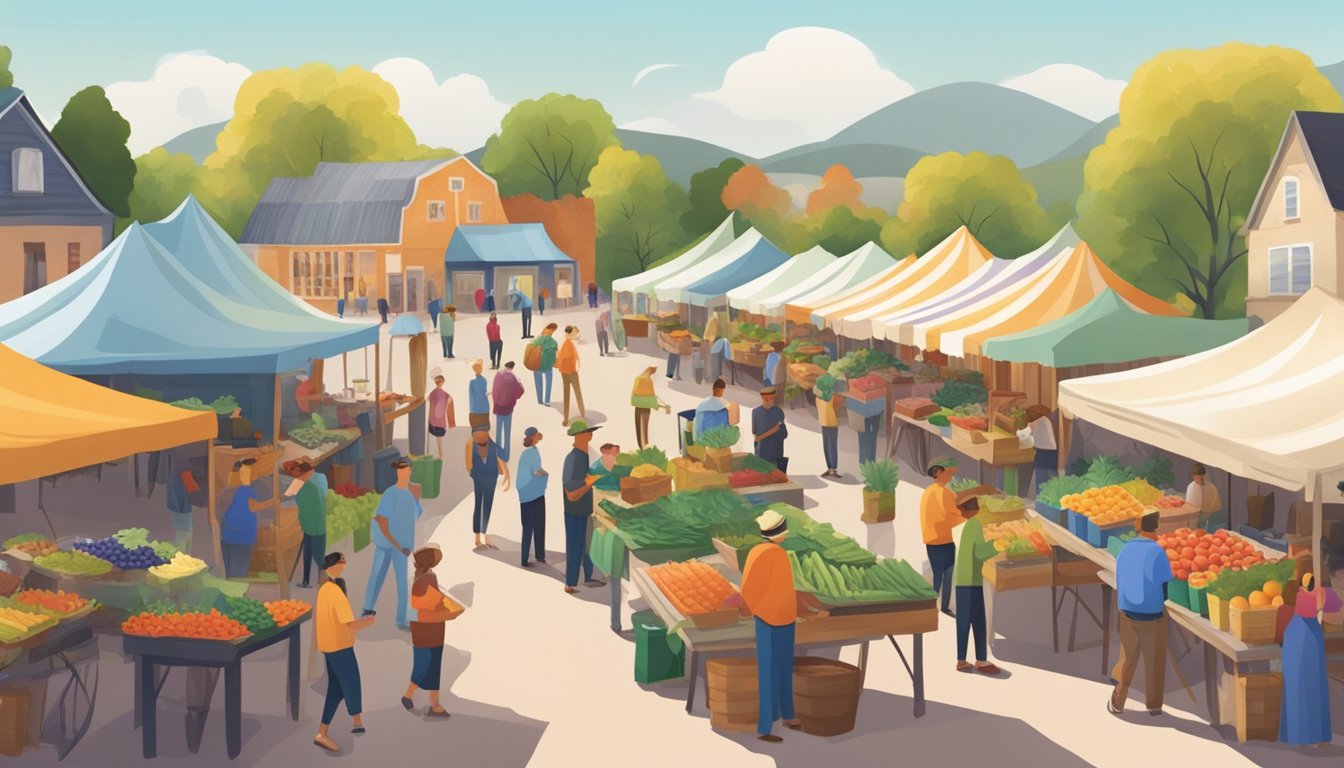 A bustling farmers' market with vendors selling fresh produce, artisanal goods, and local food products. Customers browse and chat with vendors under colorful tents